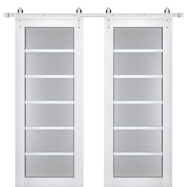 Sturdy Double Barn Door with Frosted Glass | Veregio 7602 White Silk | 13FT Rail Hangers Heavy Set | Solid Panel Interior Doors-36" x 96" (2* 18x96)-Silver Rail