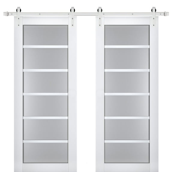 Sturdy Double Barn Door with Frosted Glass | Veregio 7602 White Silk | 13FT Rail Hangers Heavy Set | Solid Panel Interior Doors-36" x 96" (2* 18x96)-Silver Rail