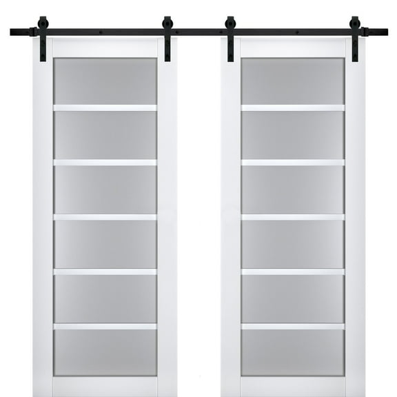 Sturdy Double Barn Door with Frosted Glass | Veregio 7602 White Silk | 13FT Rail Hangers Heavy Set | Solid Panel Interior Doors-60" x 84" (2* 30x84)-Black Rail