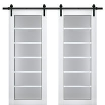 Sturdy Double Barn Door with Frosted Glass | Veregio 7602 White Silk | 13FT Rail Hangers Heavy Set | Solid Panel Interior Doors-60" x 84" (2* 30x84)-Black Rail