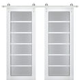 thumbnail image 1 of Sturdy Double Barn Door with Frosted Glass | Veregio 7602 White Silk | 13FT Rail Hangers Heavy Set | Solid Panel Interior Doors-64" x 84" (2* 32x84)-Silver Rail, 1 of 6