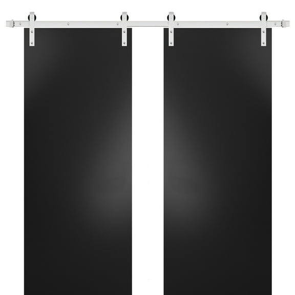 Sturdy Double Barn Door with Hardware | Planum 0010 Black Matte | 13FT Rail Hangers Heavy Set | Modern Solid Panel Interior Doors -36" x 96" (2* 18x96)-Silver Rail