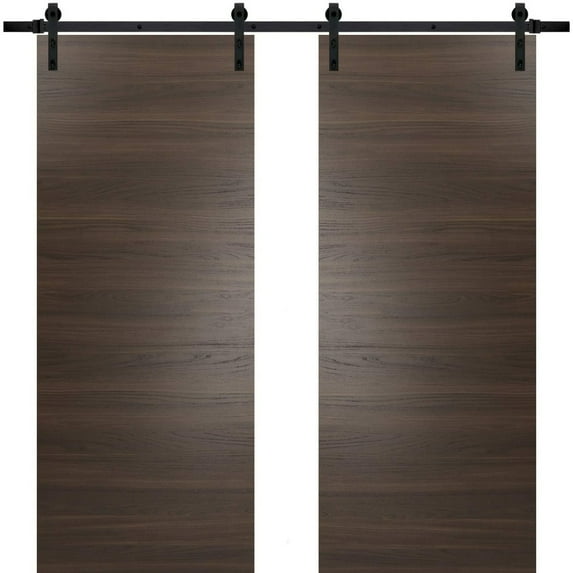 Sturdy Double Barn Door with Hardware | Planum 0010 Chocolate Ash | 13FT Rail Hangers Heavy Set | Modern Solid Panel Interior Doors-60" x 80" (2* 30x80)-Black Rail