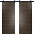 thumbnail image 1 of Sturdy Double Barn Door with Hardware | Planum 0010 Chocolate Ash | 13FT Rail Hangers Heavy Set | Modern Solid Panel Interior Doors-64" x 96" (2* 32x96)-Black Rail, 1 of 5
