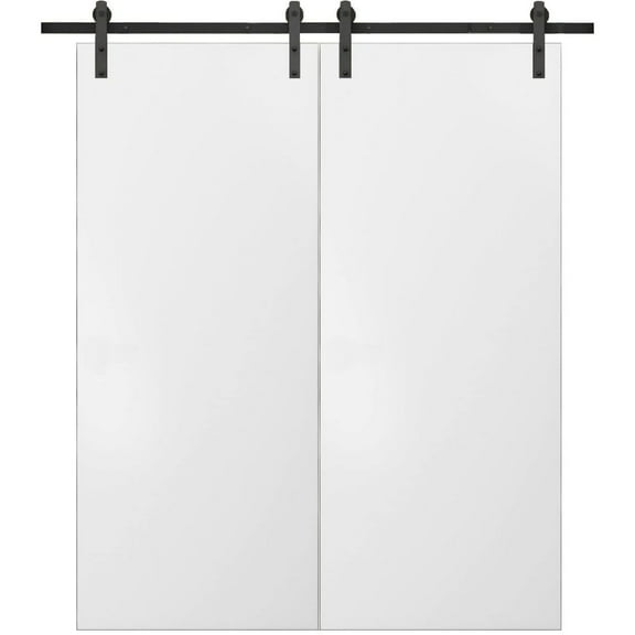 Sturdy Double Barn Door with Hardware | Planum 0010 White Silk | 13FT Rail Hangers Heavy Set | Modern Solid Panel Interior Doors-36" x 96" (2* 18x96)-Black Rail