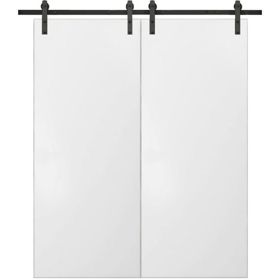 Sturdy Double Barn Door with Hardware | Planum 0010 White Silk | 13FT Rail Hangers Heavy Set | Modern Solid Panel Interior Doors-48" x 80" (2* 24x80)-Black Rail