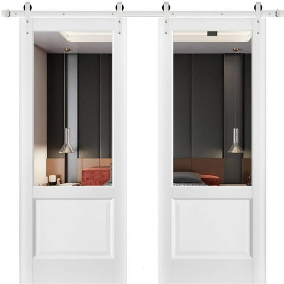 Sturdy Double Barn Door with | Lucia 1533 White Silk with Clear Glass | 13FT Rail Hangers Heavy Set | Solid Panel Interior Doors-36" x 96" (2* 18x96)-Silver Rail-Clear Glass