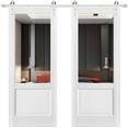 thumbnail image 1 of Sturdy Double Barn Door with | Lucia 1533 White Silk with Clear Glass | 13FT Rail Hangers Heavy Set | Solid Panel Interior Doors-60" x 96" (2* 30x96)-Silver Rail-Clear Glass, 1 of 6
