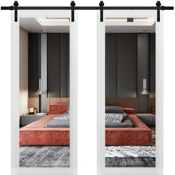 Sturdy Double Barn Door with Mirror | Lucia 1299 White Silk | 13FT Rail Hangers Heavy Set | Solid Panel Interior Doors-36" x 96" (2* 18x96)-Black Rail-Mirror