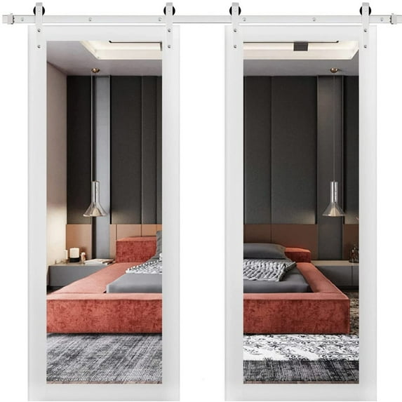 Sturdy Double Barn Door with Mirror | Lucia 1299 White Silk | 13FT Silver Rail Hangers Heavy Set | Solid Panel Interior Doors-64" x 84" (2* 32x84)-Silver Rail-Mirror