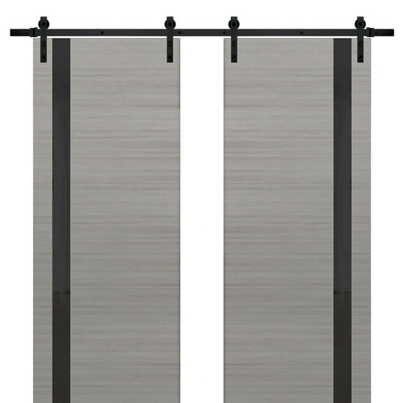 Sturdy Double Barn Door with | Planum 0040 Grey Ash with Black Glass | 13FT Rail Hangers Heavy Set | Solid Panel Interior Doors-36" x 96" (2* 18x96)-Black Rail