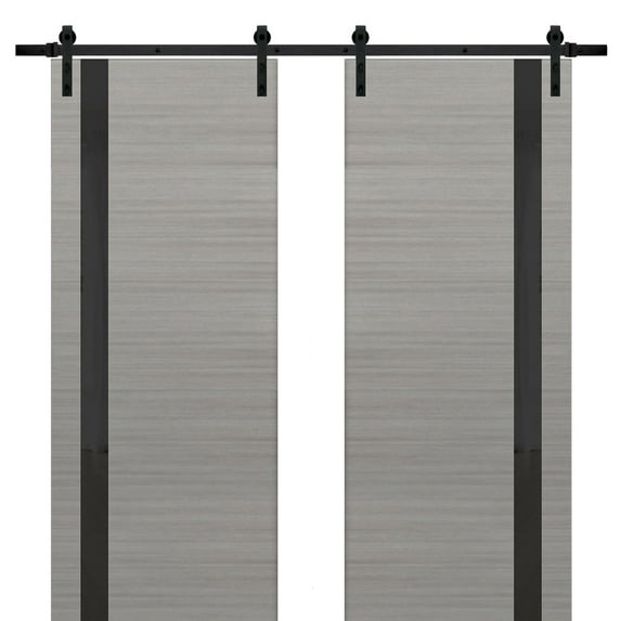 Sturdy Double Barn Door with | Planum 0040 Grey Ash with Black Glass | 13FT Rail Hangers Heavy Set | Solid Panel Interior Doors-48" x 84" (2* 24x84)-Black Rail