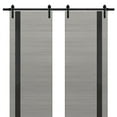 thumbnail image 1 of Sturdy Double Barn Door with | Planum 0040 Grey Ash with Black Glass | 13FT Rail Hangers Heavy Set | Solid Panel Interior Doors-72" x 80" (2* 36x80)-Black Rail, 1 of 6