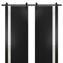 Sturdy Double Barn Door with | Planum 0040 Matte Black with White Glass | 13FT Rail Hangers Heavy Set | Solid Panel Interior Doors-36" x 96" (2* 18x96)-Black Rail
