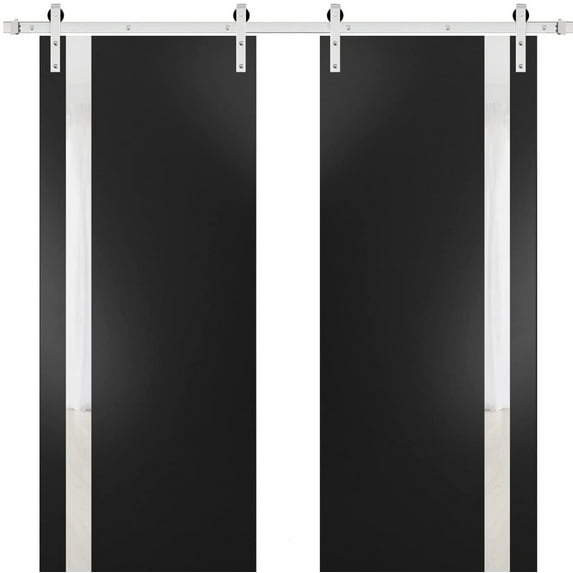 Sturdy Double Barn Door with | Planum 0040 Matte Black with White Glass | 13FT Rail Hangers Heavy Set | Solid Panel Interior Doors-72" x 80" (2* 36x80)-Silver Rail