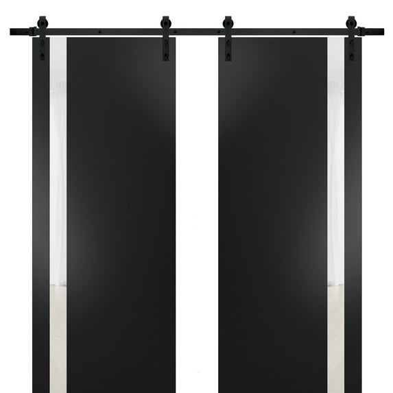Sturdy Double Barn Door with | Planum 0040 Matte Black with White Glass | 13FT Rail Hangers Heavy Set | Solid Panel Interior Doors-72" x 84" (2* 36x84)-Black Rail