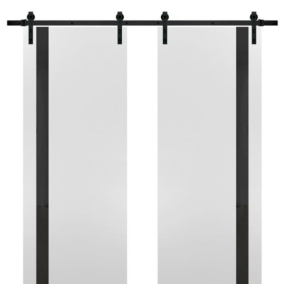 Sturdy Double Barn Door with | Planum 0040 White Silk with Black Glass | 13FT Rail Hangers Heavy Set | Solid Panel Interior Doors-36" x 96" (2* 18x96)-Black Rail