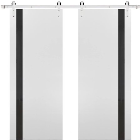 Sturdy Double Barn Door with | Planum 0040 White Silk with Black Glass | 13FT Rail Hangers Heavy Set | Solid Panel Interior Doors-36" x 96" (2* 18x96)-Silver Rail