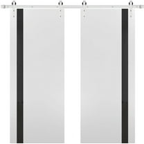 Sturdy Double Barn Door with | Planum 0040 White Silk with Black Glass | 13FT Rail Hangers Heavy Set | Solid Panel Interior Doors-36" x 96" (2* 18x96)-Silver Rail
