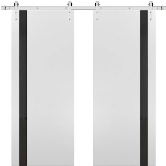 Sturdy Double Barn Door with | Planum 0040 White Silk with Black Glass | 13FT Rail Hangers Heavy Set | Solid Panel Interior Doors-48" x 84" (2* 24x84)-Silver Rail