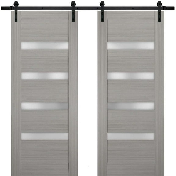 Sturdy Double Barn Door with | Quadro 4113 Grey Ash with Frosted Glass | Black 13FT Rail Hangers Heavy Set | Solid Panel Interior Doors-36" x 96" (2* 18x96)-Black Rail