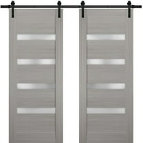 Sturdy Double Barn Door with | Quadro 4113 Grey Ash with Frosted Glass | Black 13FT Rail Hangers Heavy Set | Solid Panel Interior Doors-60" x 84" (2* 30x84)-Black Rail