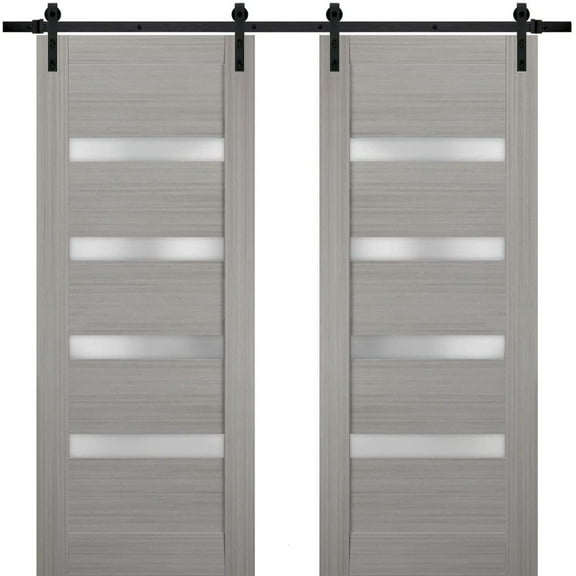 Sturdy Double Barn Door with | Quadro 4113 Grey Ash with Frosted Glass | Black 13FT Rail Hangers Heavy Set | Solid Panel Interior Doors-84" x 96" (2* 42x96)-Black Rail
