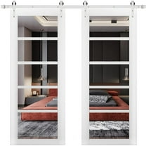 Sturdy Double Barn Door with | Quadro 4522 White Silk with Clear Glass | 13FT Rail Hangers Heavy Set | Solid Panel Interior Doors-36" x 96" (2* 18x96)-Clear Glass-Silver Rail