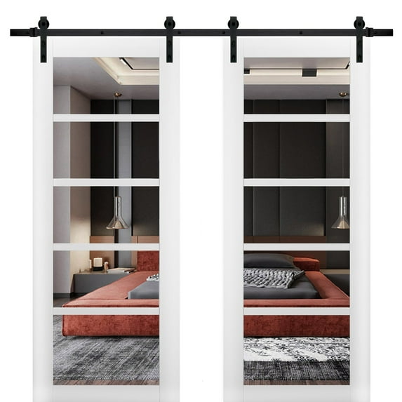 Sturdy Double Barn Door with | Quadro 4522 White Silk with Clear Glass | 13FT Rail Hangers Heavy Set | Solid Panel Interior Doors-48" x 80" (2* 24x80)-Clear Glass-Black Rail