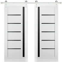 Sturdy Double Barn Door with | Quadro 4588 White Silk with Black Glass | 13FT Rail Hangers Heavy Set | Solid Panel Interior Doors-36" x 96" (2* 18x96)-Silver Rail-Black Glass