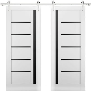 Sturdy Double Barn Door with | Quadro 4588 White Silk with Black Glass | 13FT Rail Hangers Heavy Set | Solid Panel Interior Doors-36" x 96" (2* 18x96)-Silver Rail-Black Glass