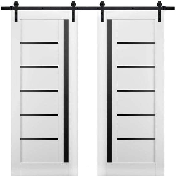 Sturdy Double Barn Door with | Quadro 4588 White Silk with Black Glass | 13FT Rail Hangers Heavy Set | Solid Panel Interior Doors-48" x 84" (2* 24x84)-Black Rail-Black Glass