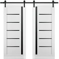 thumbnail image 1 of Sturdy Double Barn Door with | Quadro 4588 White Silk with Black Glass | 13FT Rail Hangers Heavy Set | Solid Panel Interior Doors-60" x 80" (2* 30x80)-Black Rail-Black Glass, 1 of 6