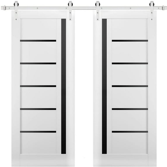 Sturdy Double Barn Door with | Quadro 4588 White Silk with Black Glass | 13FT Rail Hangers Heavy Set | Solid Panel Interior Doors-64" x 96" (2* 32x96)-Silver Rail-Black Glass