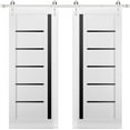 thumbnail image 1 of Sturdy Double Barn Door with | Quadro 4588 White Silk with Black Glass | 13FT Rail Hangers Heavy Set | Solid Panel Interior Doors-72" x 80" (2* 36x80)-Silver Rail-Black Glass, 1 of 6
