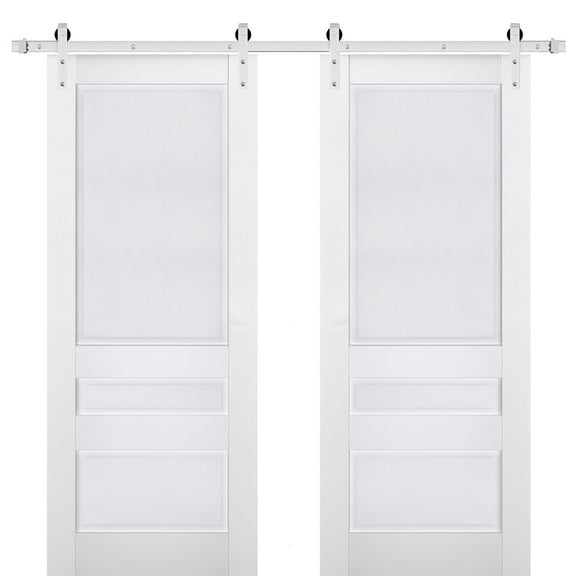 Sturdy Double Barn Door | Veregio 7411 White Silk | 13FT Rail Hangers Heavy Set | Solid Panel Interior Doors-36" x 96" (2* 18x96)-Silver Rail