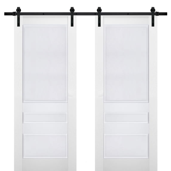 Sturdy Double Barn Door | Veregio 7411 White Silk | 13FT Rail Hangers Heavy Set | Solid Panel Interior Doors-56" x 84" (2* 28x84)-Black Rail