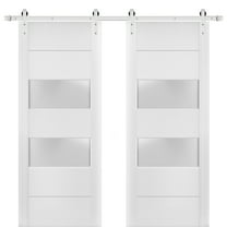 Sturdy Double Barn Door with 2 lites | Lucia 4010 | 13FT Rail Hangers Heavy Set | Solid Panel Interior Doors-36" x 96"-Silver Rail