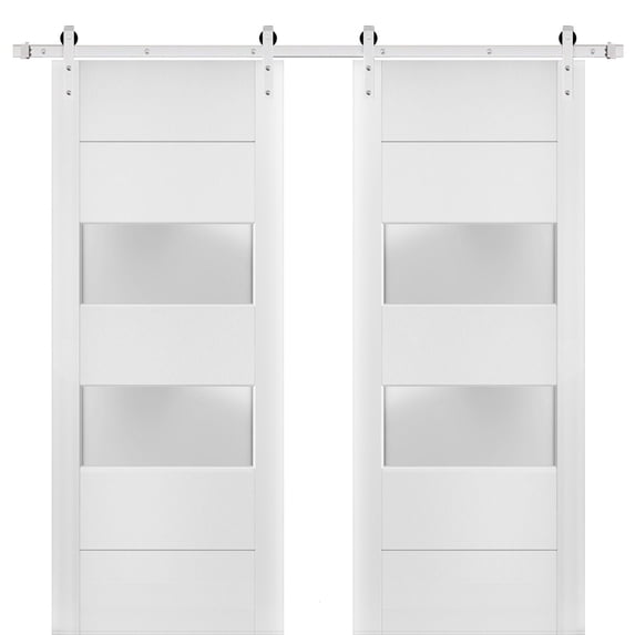 Sturdy Double Barn Door with 2 lites | Lucia 4010 | 13FT Rail Hangers Heavy Set | Solid Panel Interior Doors-56" x 80" (2* 28x80)-Silver Rail