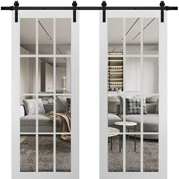 Sturdy Double Barn Door with Clear Glass 12 lites | Felicia 3355 Matte White | 13FT Rail Hangers Heavy Set | Solid Panel Interior Doors