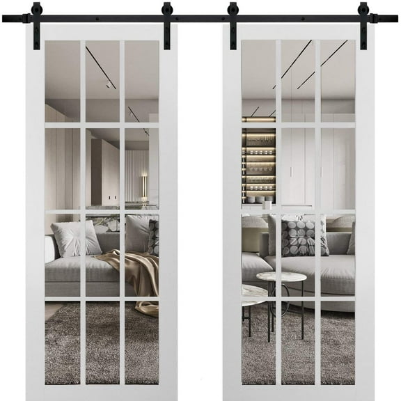 Sturdy Double Barn Door with Clear Glass 12 lites | Felicia 3355 Matte White | 13FT Rail Hangers Heavy Set | Solid Panel Interior Doors