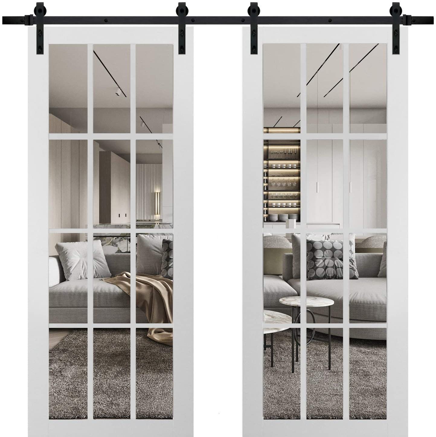 Felicia Matte White Solid Wood Double Barn Door with Clear Glass Panels