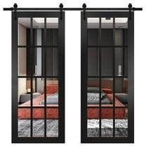 Sturdy Double Barn Door with | Felicia 3355 Matte Black with Clear Glass | 13FT Rail Hangers Heavy Set | Solid Panel Interior Doors