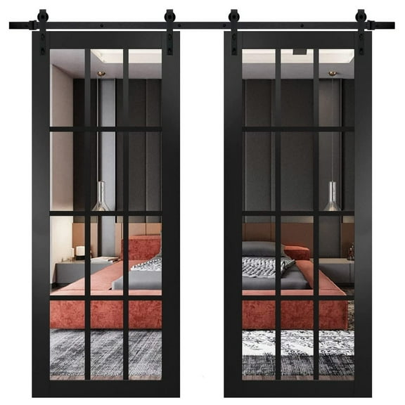 Sturdy Double Barn Door with | Felicia 3355 Matte Black with Clear Glass | 13FT Rail Hangers Heavy Set | Solid Panel Interior Doors