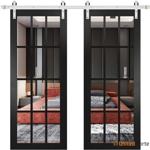 Sturdy Double Barn Door with | Felicia 3355 Matte Black with Clear Glass | 13FT Rail Hangers Heavy Set | Solid Panel Interior Doors