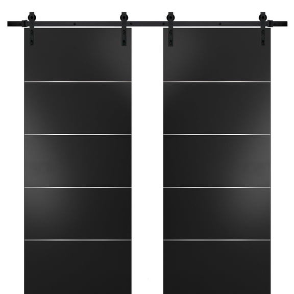 Sturdy Double Barn Door with | Planum 0020 Matte Black | 13FT Rail Hangers Heavy Set | Solid Panel Interior Doors-64" x 96" (2* 32x96)-Black Rail