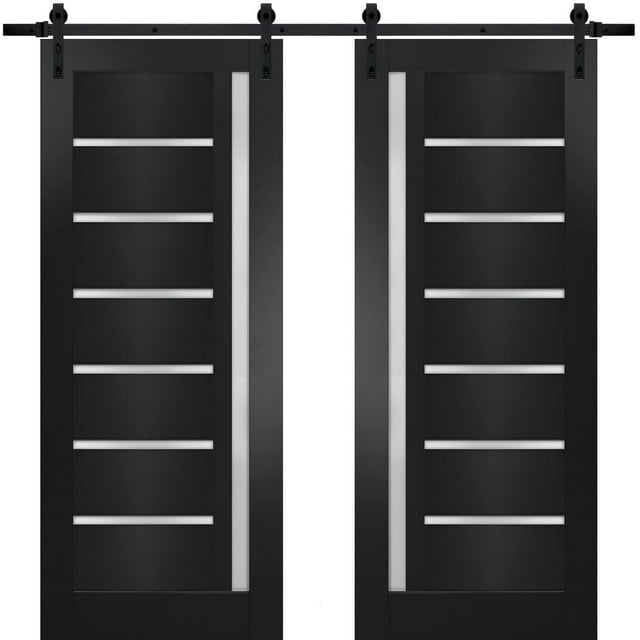 Sturdy Double Barn Door with | Quadro 4088 Matte Black with Frosted Glass | 13FT Rail Hangers Heavy Set | Solid Panel Interior Doors