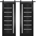 thumbnail image 1 of Sturdy Double Barn Door with | Quadro 4088 Matte Black with Frosted Glass | 13FT Rail Hangers Heavy Set | Solid Panel Interior Doors, 1 of 6