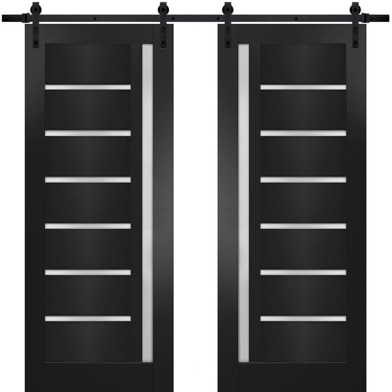 Sturdy Double Barn Door with | Quadro 4088 Matte Black with Frosted Glass | 13FT Rail Hangers Heavy Set | Solid Panel Interior Doors