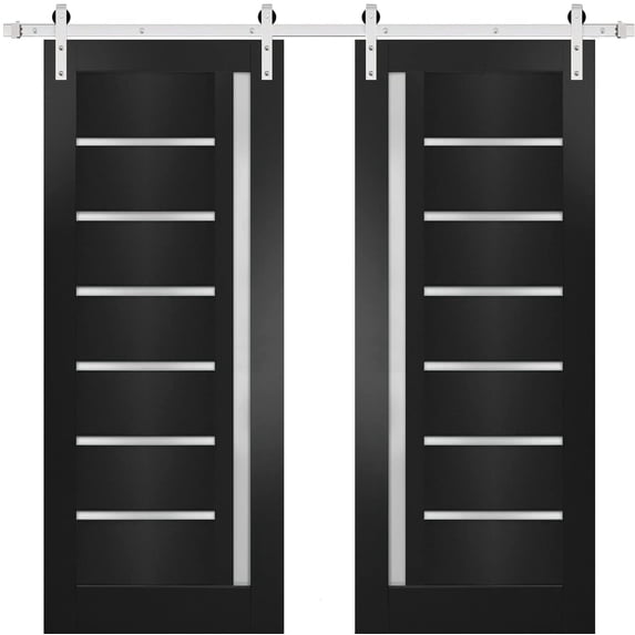 Sturdy Double Barn Door with | Quadro 4088 Matte Black with Frosted Glass | 13FT Rail Hangers Heavy Set | Solid Panel Interior